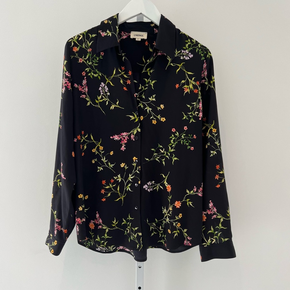 L’AGENCE BLACK FLORAL SILK SHIRT SIZE MEDIUM NWOTS! - Picture 1 of 12